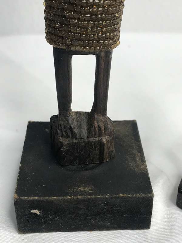 Wood Art Statues Hand Carved two African men and one African woman Two with Beads 20-23cm