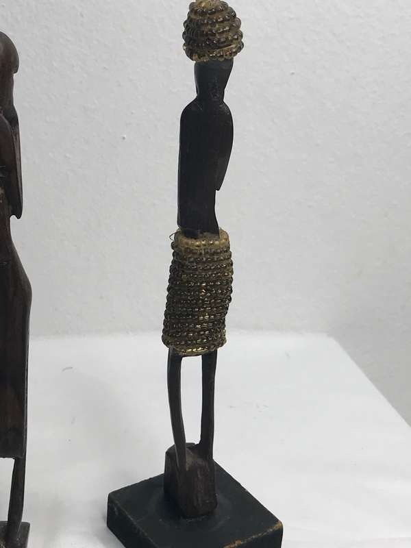 Wood Art Statues Hand Carved two African men and one African woman Two with Beads 20-23cm