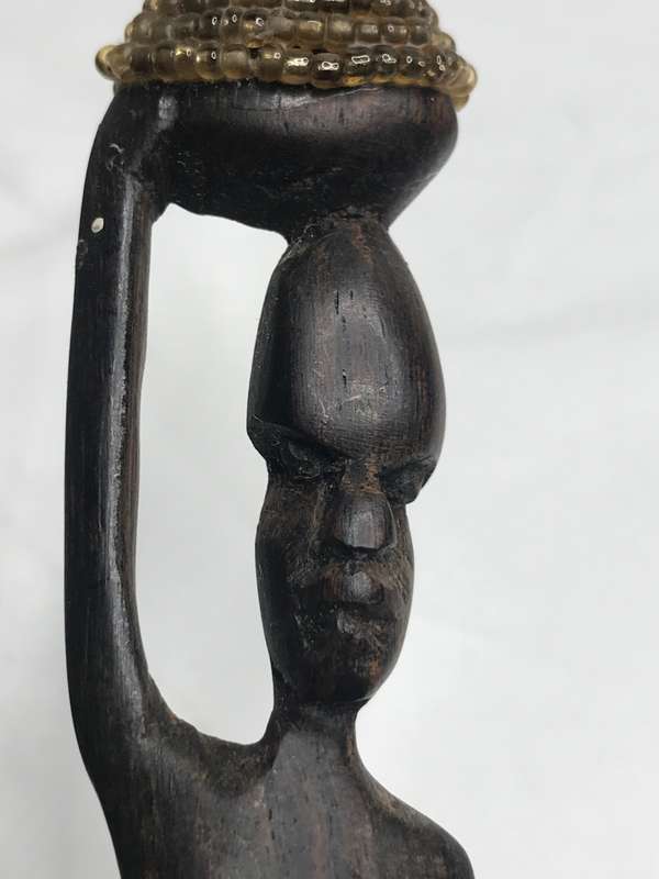 Wood Art Statues Hand Carved two African men and one African woman Two with Beads 20-23cm