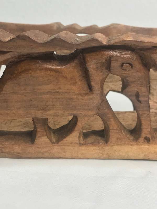 Wood Art Hand Carved wooden bowl Elephants Vintage 39cm x 11cm