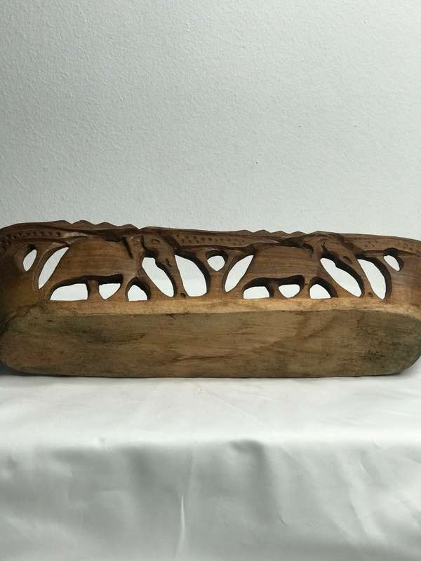 Wood Art Hand Carved wooden bowl Elephants Vintage 39cm x 11cm