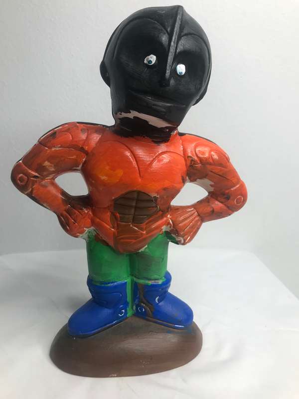 Hand Made Pottery Sculpture Figure Super Hero Unique Orange black green blue 29cm x 20cm(arms)