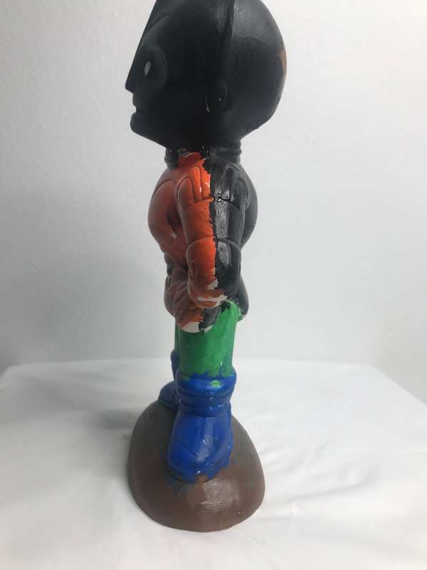 Hand Made Pottery Sculpture Figure Super Hero Unique Orange black green blue 29cm x 20cm(arms)