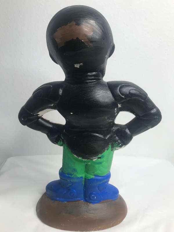 Hand Made Pottery Sculpture Figure Super Hero Unique Orange black green blue 29cm x 20cm(arms)