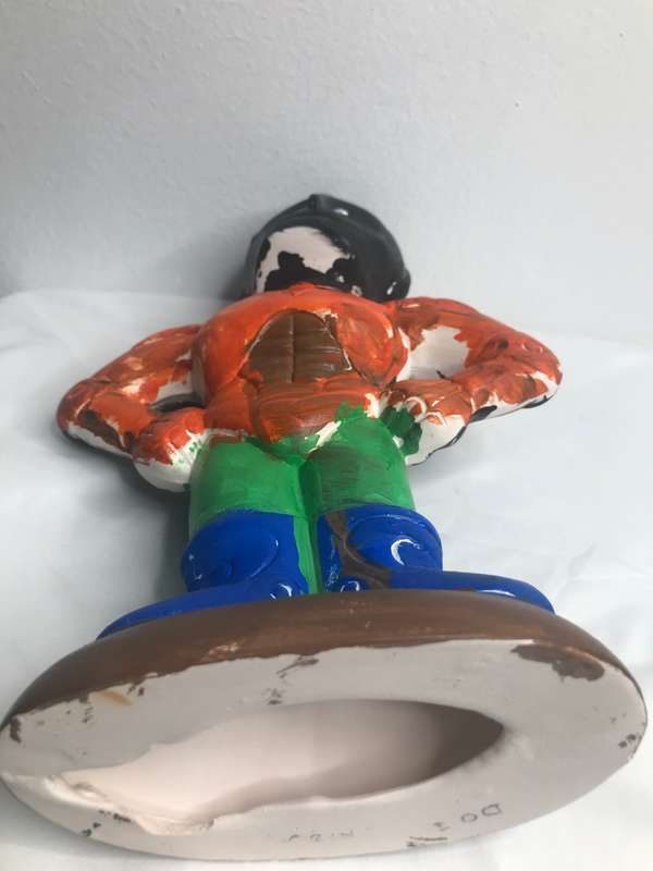 Hand Made Pottery Sculpture Figure Super Hero Unique Orange black green blue 29cm x 20cm(arms)