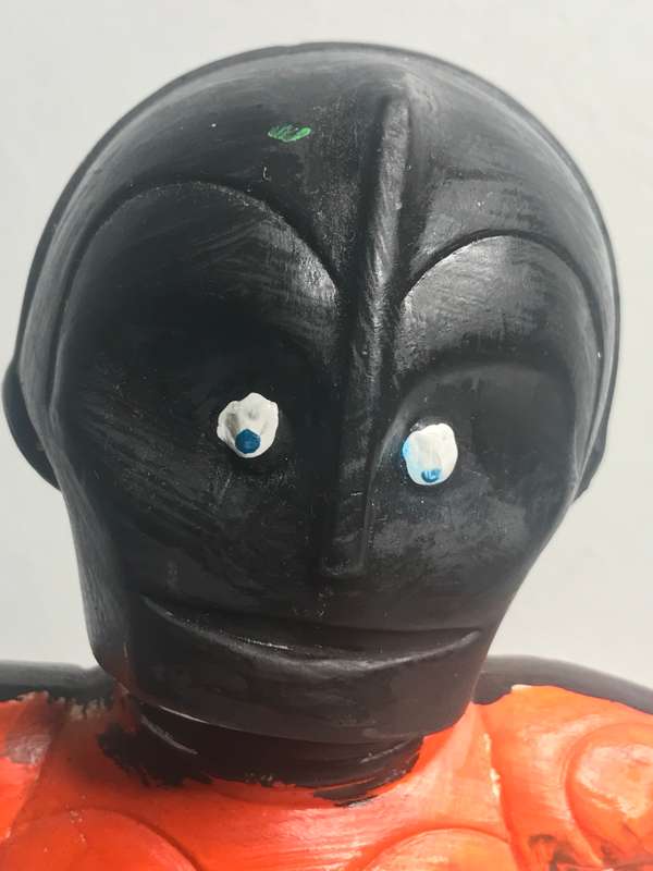 Hand Made Pottery Sculpture Figure Super Hero Unique Orange black green blue 29cm x 20cm(arms)