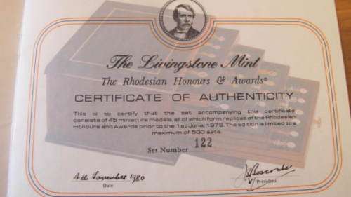 RHODESIA - LIVINGSTONE MINT SET OF 45 MINIATURE MEDALS HONOURS AND AWARDS IN WOODEN BOX # 122