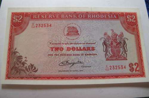 RHODESIA  - RESERVE BANK OF RHODESIA $2 NOTE - UNC - DATED 1OTH APRIL 1979 - RHODES WM