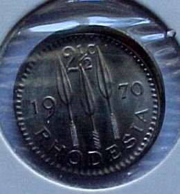 RHODESIA  1970 2 & 1/2 CENT PIECE DAMAGED BY THE MINT RIM BENT