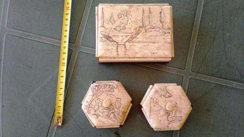 Engraved Ivory Trinket Box Collection Plus Fan and letter opener