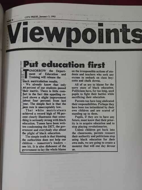 Black Schools Crisis In South Africa: A Collection Of Newspaper Articles (1989-1993)
