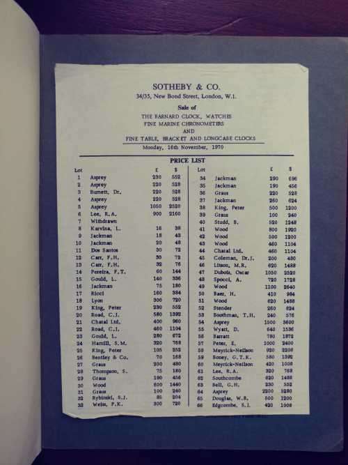 Sotheby and Co. 1970 Catalogue of The Barnard Clock, Watches, Fine Marine Chronometers, etc.