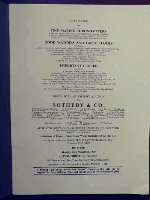 Sotheby and Co. 1970 Catalogue of The Barnard Clock, Watches, Fine Marine Chronometers, etc.