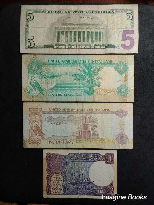 Five Dollar Bill, Five Dirhams, Ten Dirhams, One Rupee
