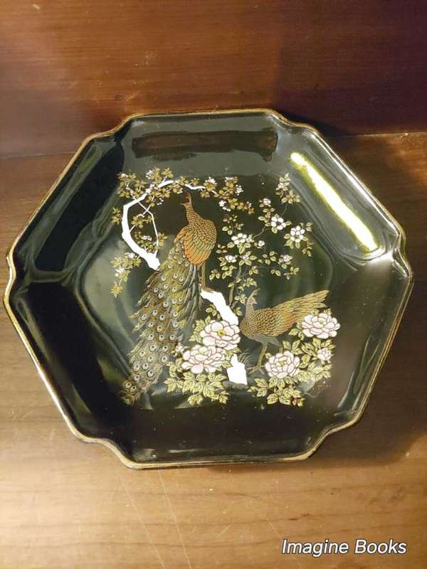Japanese Otagiri Black Lacquerware Plate with Peacock and Flowers