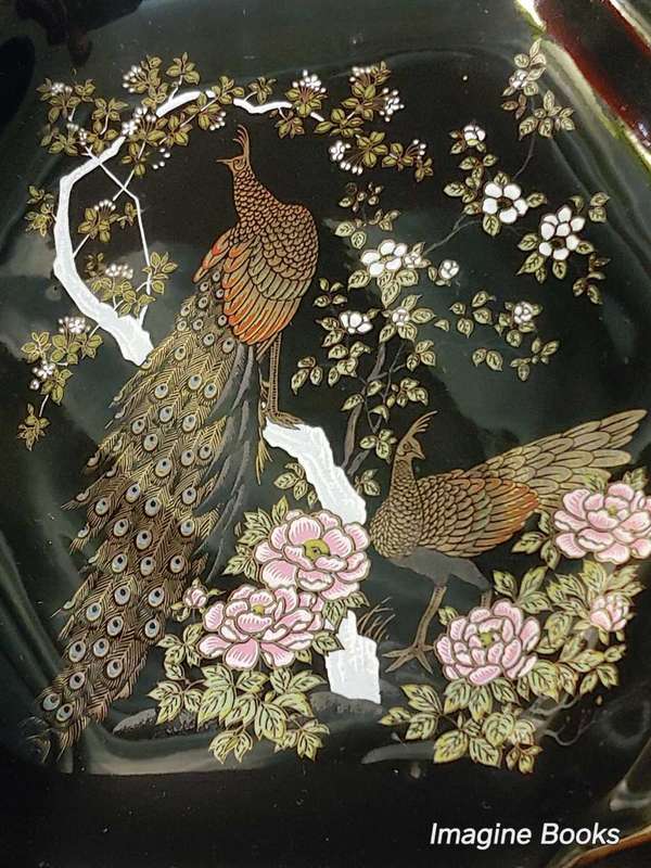 Japanese Otagiri Black Lacquerware Plate with Peacock and Flowers