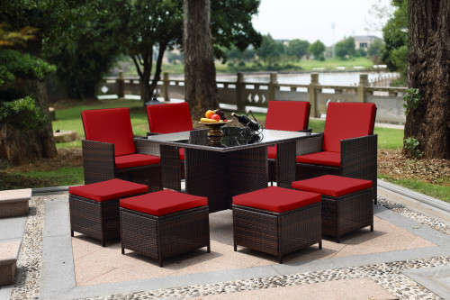 Hazlo 9 Piece Patio Wicker Rattan Cube Garden Dining Set w/ Pillows