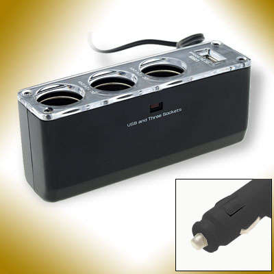 3 Way Car Cigarette Power Socket Splitter +  USB port
