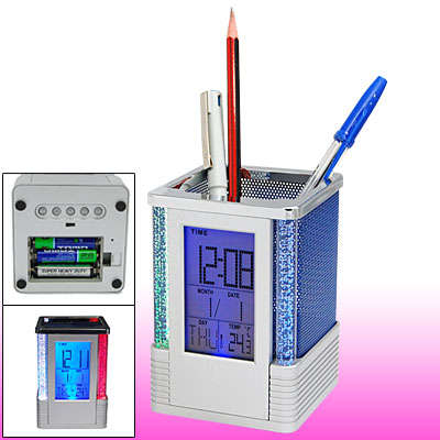 Digital LCD Temperature Humidity  Clock + Pen Holder watch