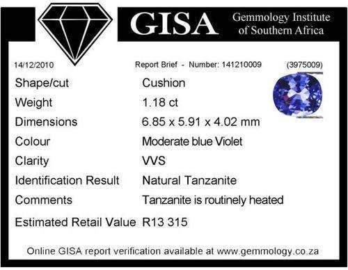 ** CERTIFIED ** Tanzanite 1.18ct Cushion VVS Value: R13 315.00