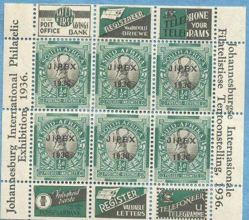 RSA 1936, 2 Nov JIPEX 1936 Overprint Sheet of 6 Mint Stamps, CV R 130.00 View scans