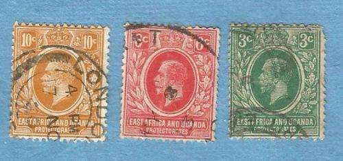 East Africa and Uganda. 1912, King George V.  3 Old Used stamps. CV+/-  R 39.00 View scans