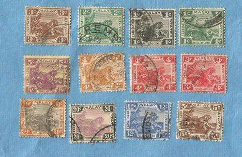 Federated Malay States. 1904/22. Tiger. 12 very old Used Stamps.  C V+/ - R 278.00 View scans