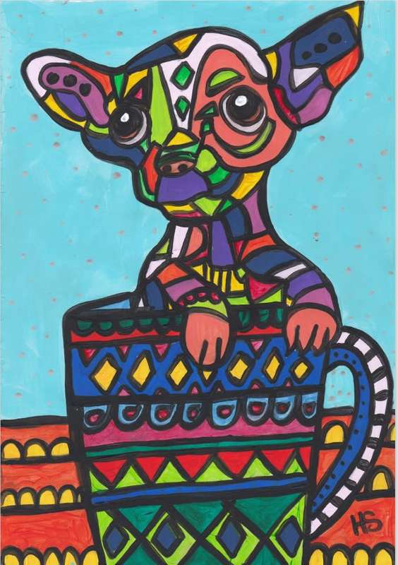 Gorgeous Acrylic folk art painting- Teacup chihuahua - A4 on hard board- ready to be framed.