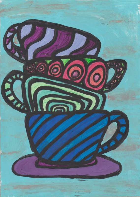 Gorgeous Acrylic folk art painting- Cup stack - A4 on hard board- ready to be framed.