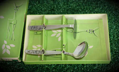 vintage Babybesteck Kleeblatt Oxydex Germany Rostfrei Stainless Baby training set in box