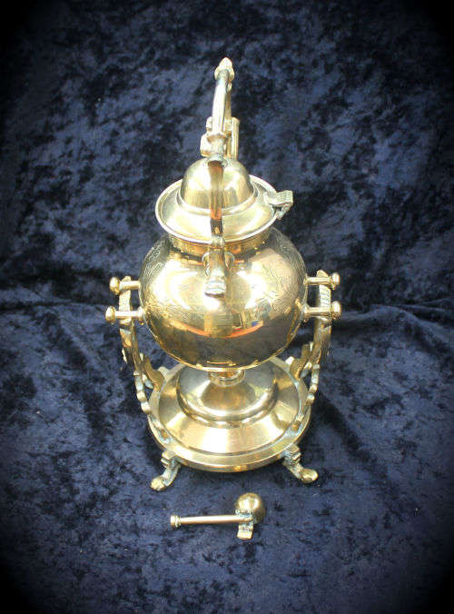 Brass Kettle on Stand with Burner- snuffer hinge broken 1.295kg -290x180x150mm
