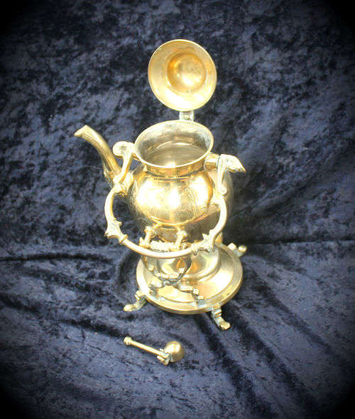 Brass Kettle on Stand with Burner- snuffer hinge broken 1.295kg -290x180x150mm