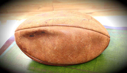 Vintage Leather Rugby Ball with Bladder - unidentified signatures on the ball