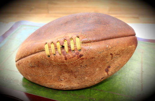 Vintage Leather Rugby Ball with Bladder - unidentified signatures on the ball