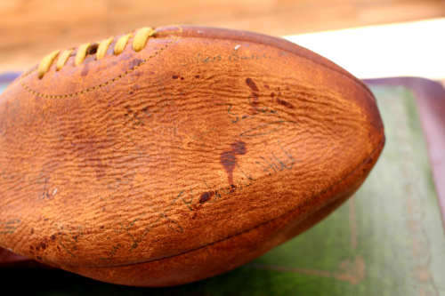 Vintage Leather Rugby Ball with Bladder - unidentified signatures on the ball