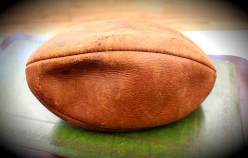 Vintage Leather Rugby Ball with Bladder - unidentified signatures on the ball