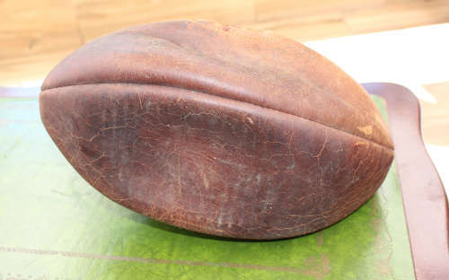 Vintage Leather Rugby Ball with Bladder - unidentified signatures on the ball