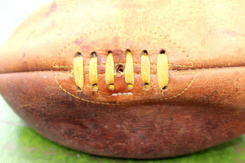 Vintage Leather Rugby Ball with Bladder - unidentified signatures on the ball