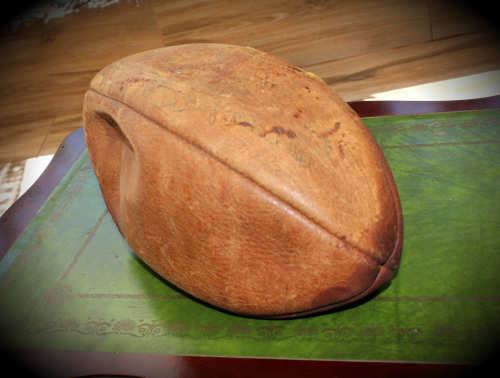 Vintage Leather Rugby Ball with Bladder - unidentified signatures on the ball