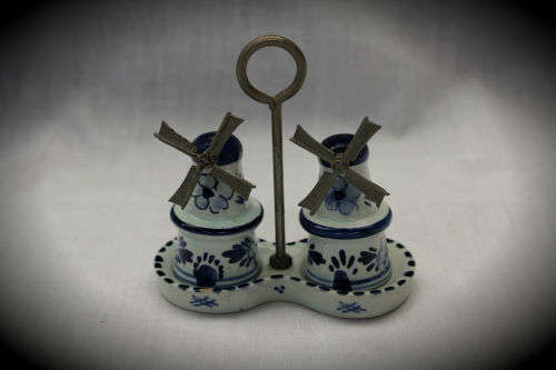Blue and white Dutch salt and pepper set on stand -small chip on stand and on bottom 90x90x46mm