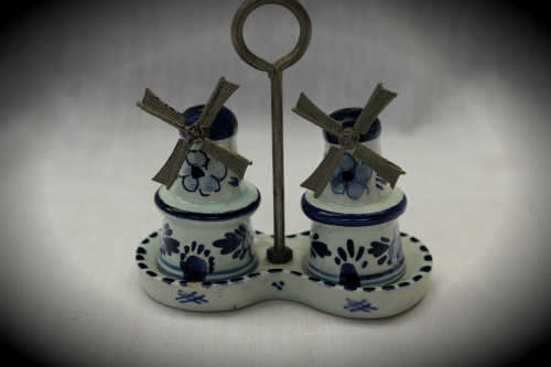Blue and white Dutch salt and pepper set on stand -small chip on stand and on bottom 90x90x46mm