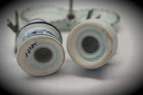 Blue and white Dutch salt and pepper set on stand -small chip on stand and on bottom 90x90x46mm