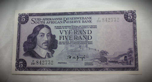 1975 -S.A Reserve Bank T.W De Jongh R5 Note F291-842732-Uncirculated