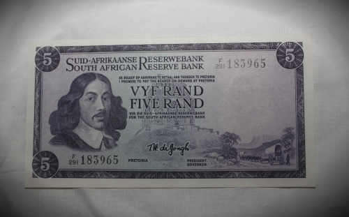 1975- S.A Reserve Bank T.W De Jongh AFR/ENG R5 Note F291-183965-Uncirculated