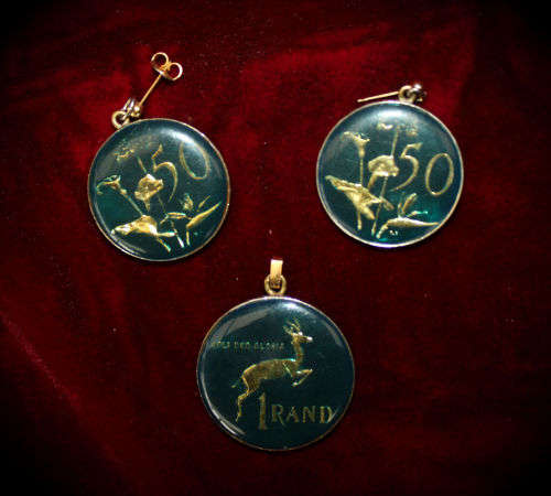 1979 R1 coin (Nicolaas J. Diederichs) turned into a pendant and 1966 and 1983 50c coins into earings