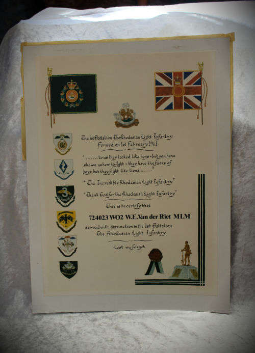 ORIGINAL CERTIFICATE For SERVICE In Rhodesian Light Infantry WO2 W.E. Van der Riet  510x760mm