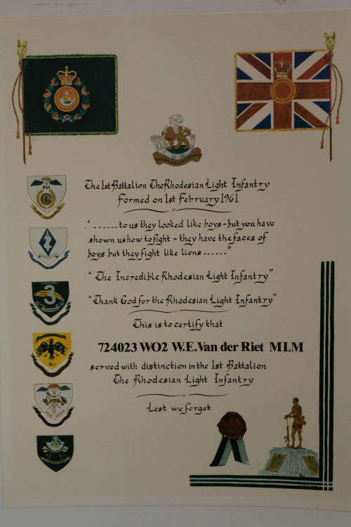 ORIGINAL CERTIFICATE For SERVICE In Rhodesian Light Infantry WO2 W.E. Van der Riet  510x760mm