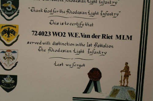 ORIGINAL CERTIFICATE For SERVICE In Rhodesian Light Infantry WO2 W.E. Van der Riet  510x760mm