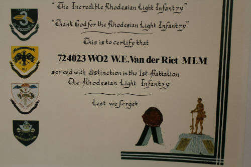 ORIGINAL CERTIFICATE For SERVICE In Rhodesian Light Infantry WO2 W.E. Van der Riet  510x760mm