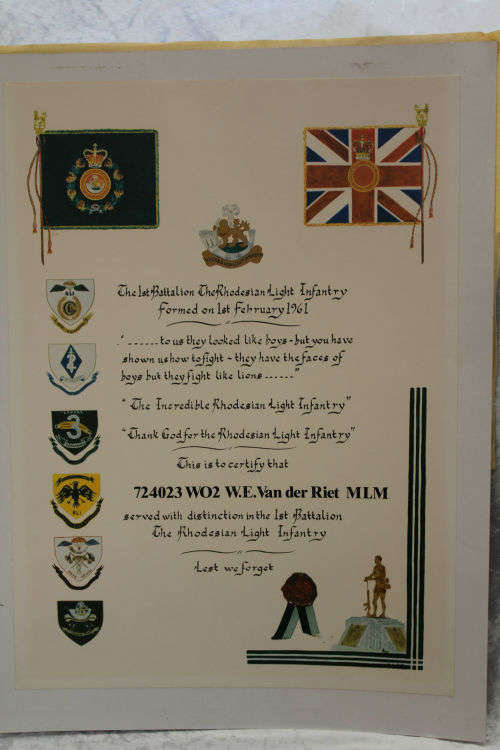 ORIGINAL CERTIFICATE For SERVICE In Rhodesian Light Infantry WO2 W.E. Van der Riet  510x760mm